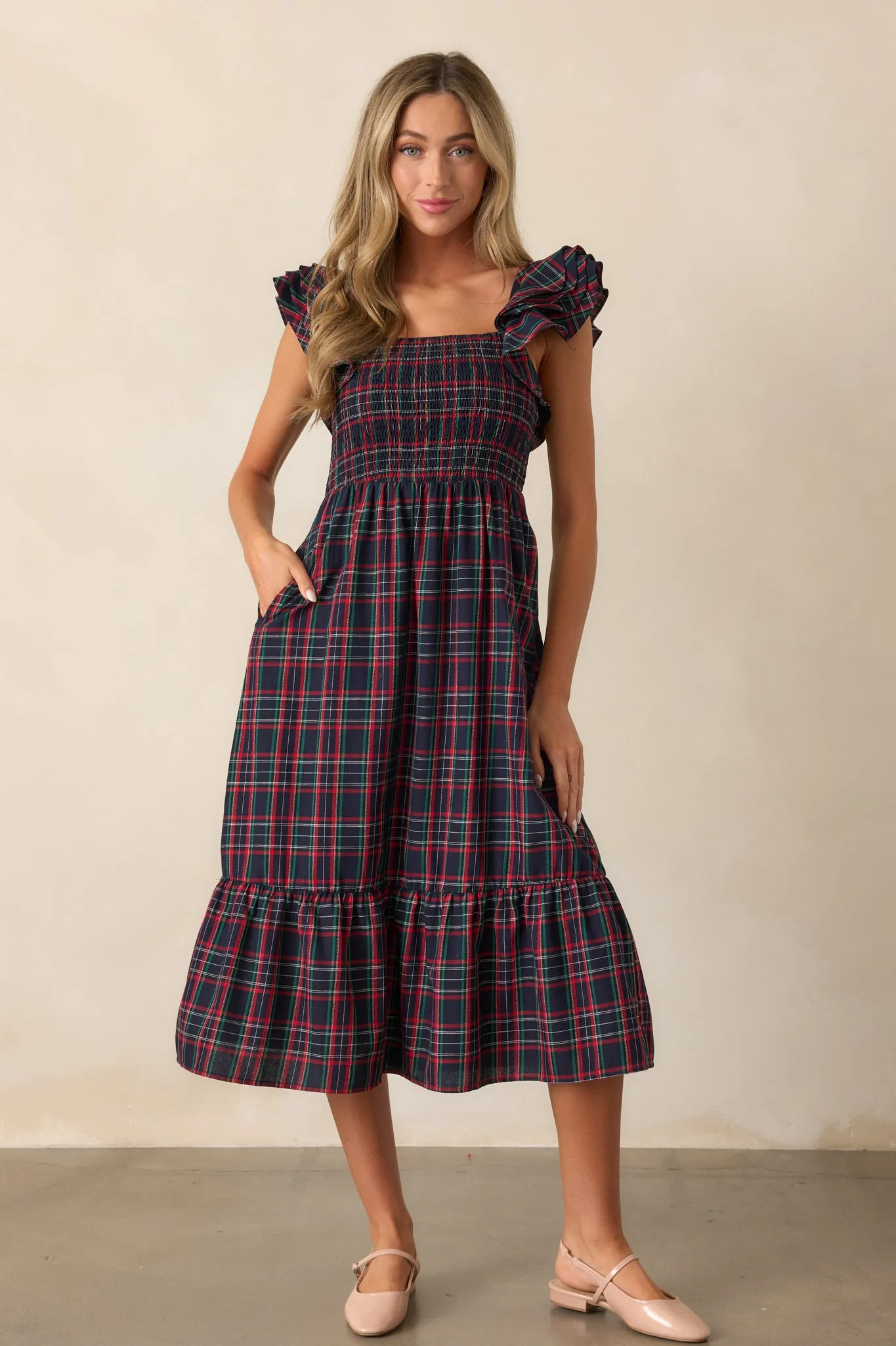 Always Good Cotton Navy Plaid Flutter Sleeve Midi Dress