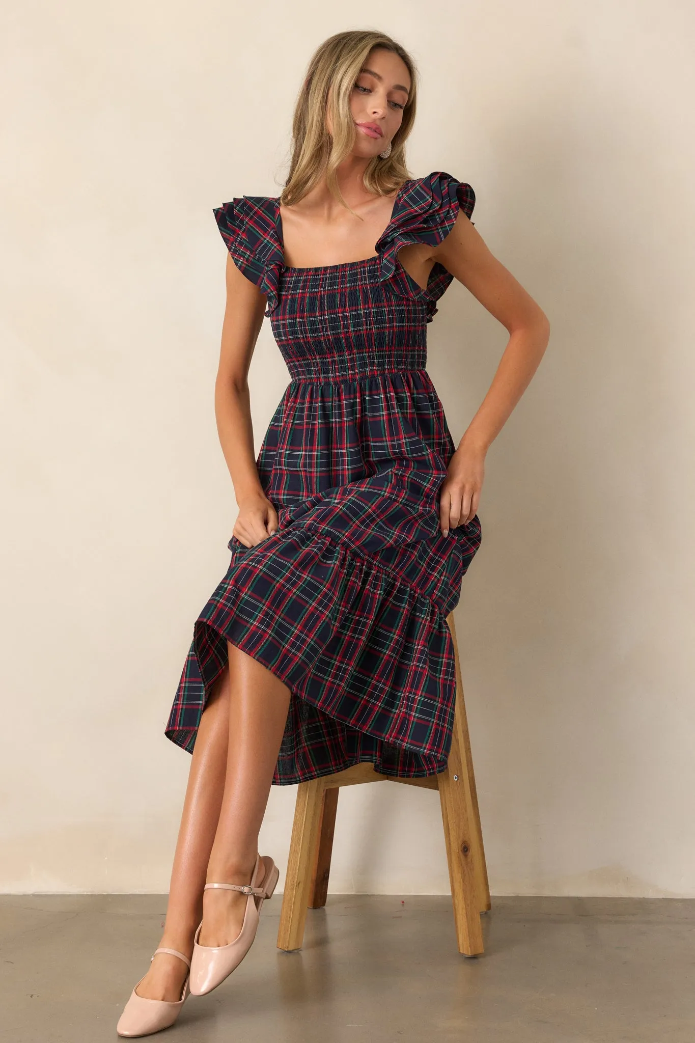 Always Good Cotton Navy Plaid Flutter Sleeve Midi Dress