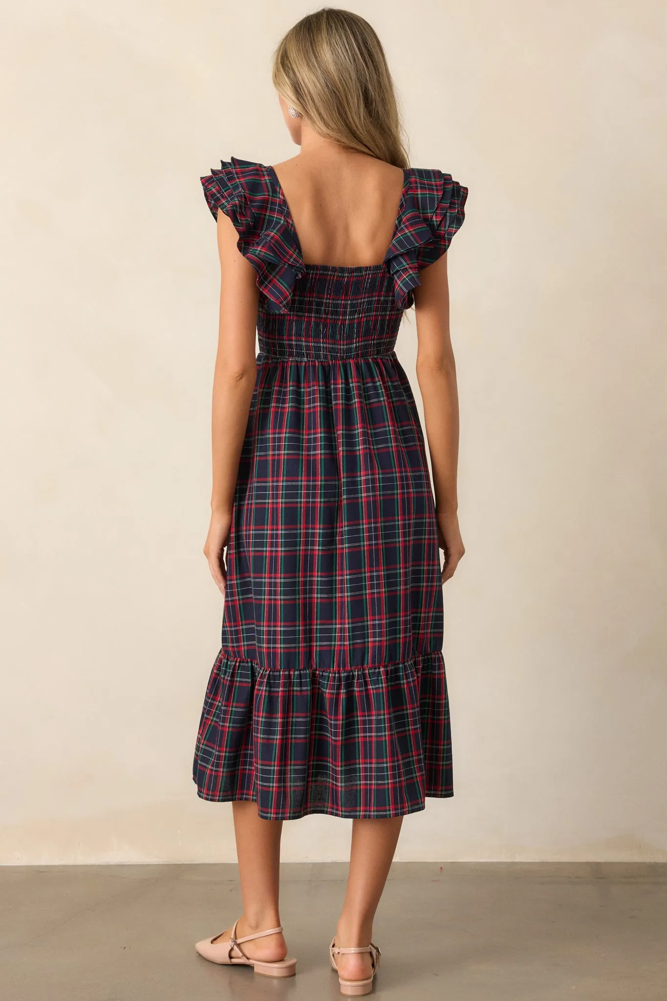 Always Good Cotton Navy Plaid Flutter Sleeve Midi Dress