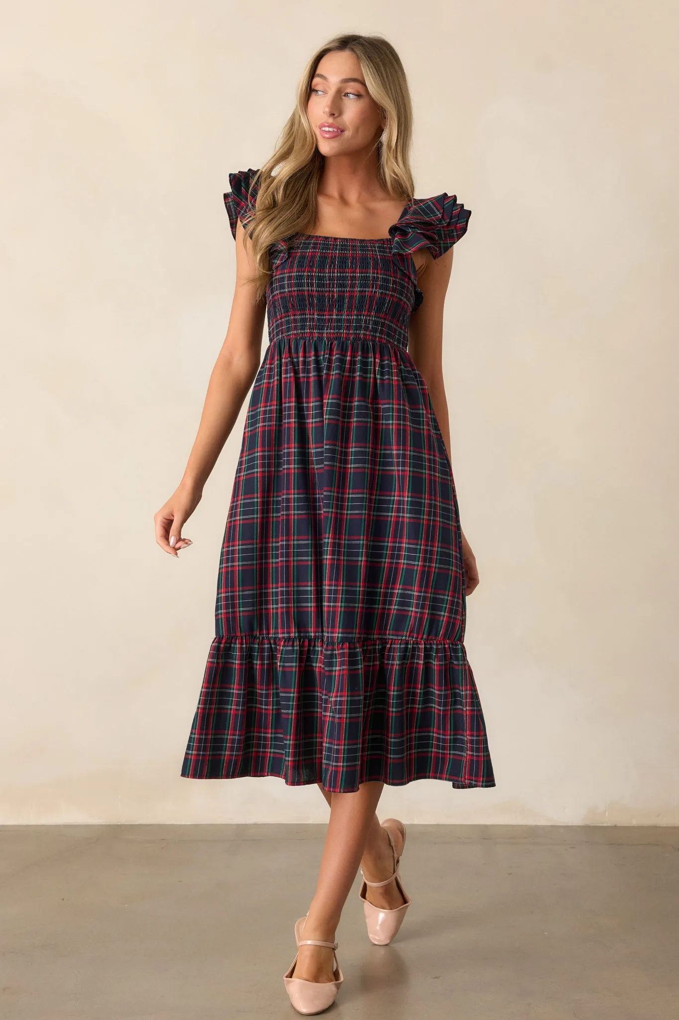 Always Good Cotton Navy Plaid Flutter Sleeve Midi Dress