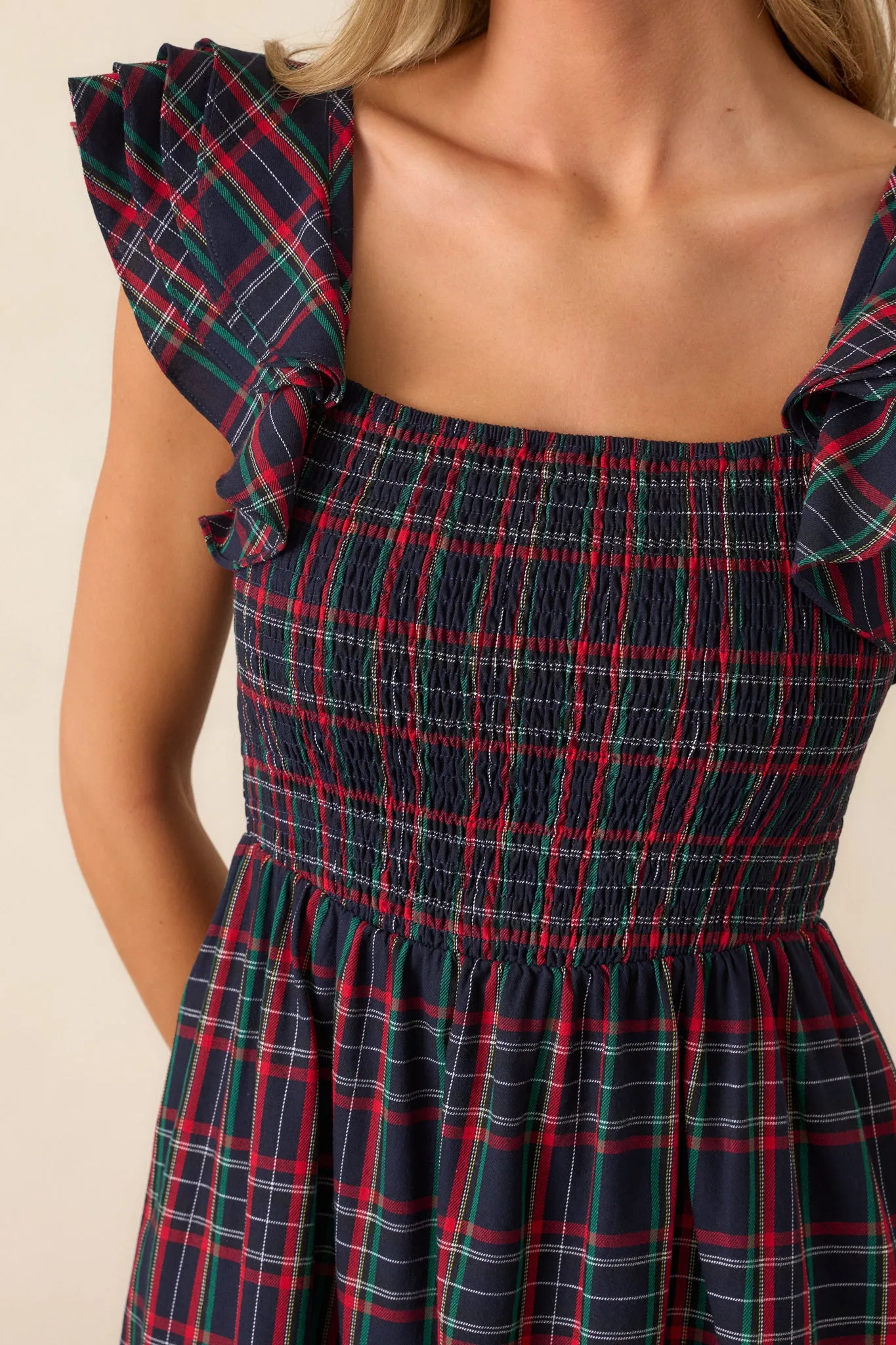 Always Good Cotton Navy Plaid Flutter Sleeve Midi Dress