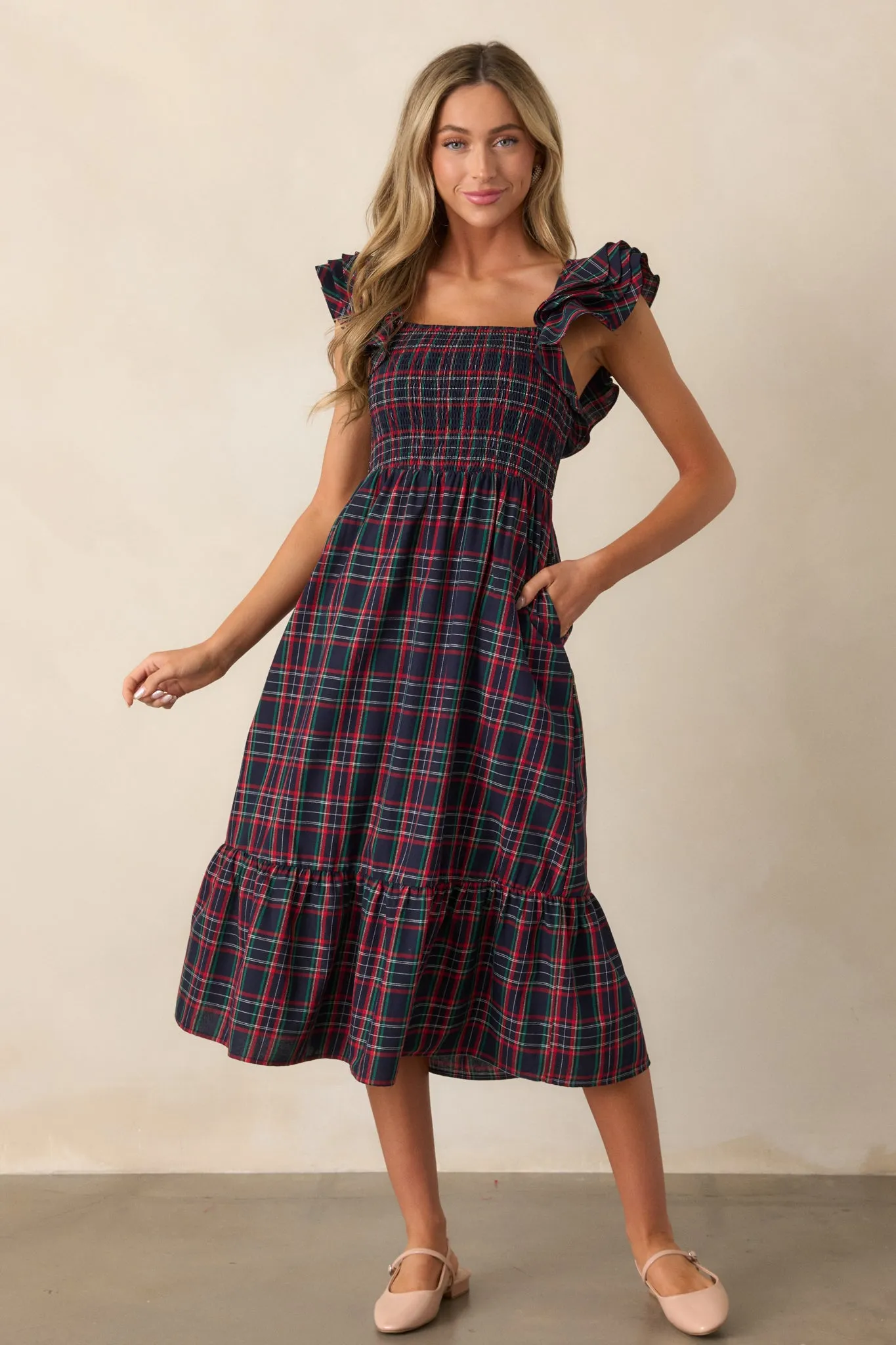 Always Good Cotton Navy Plaid Flutter Sleeve Midi Dress