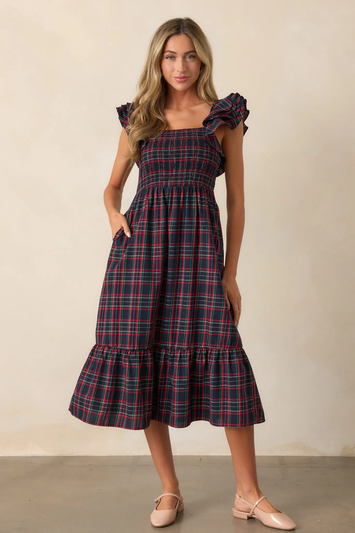 Always Good Cotton Navy Plaid Flutter Sleeve Midi Dress