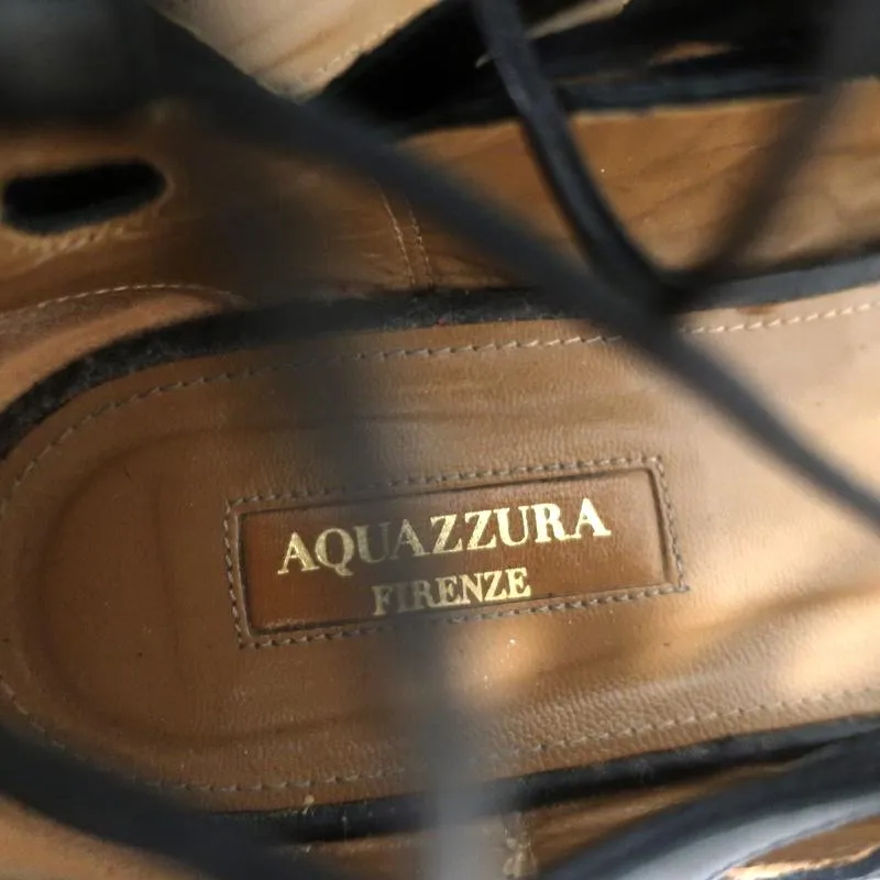 Aquazzura J’Adore Lace-Up Sandals Black Leather Size 39 Open Toe Flats