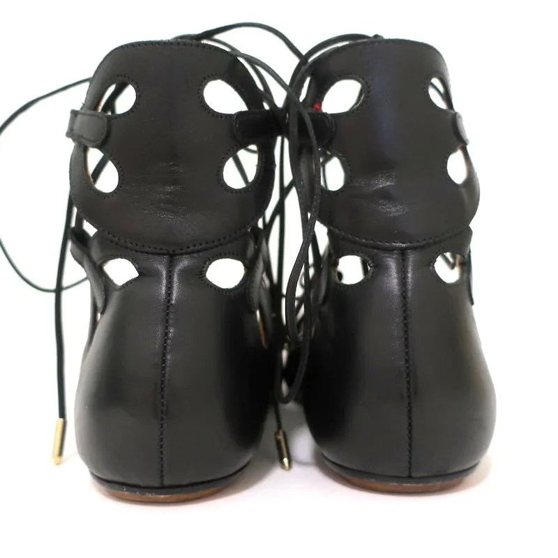 Aquazzura J’Adore Lace-Up Sandals Black Leather Size 39 Open Toe Flats