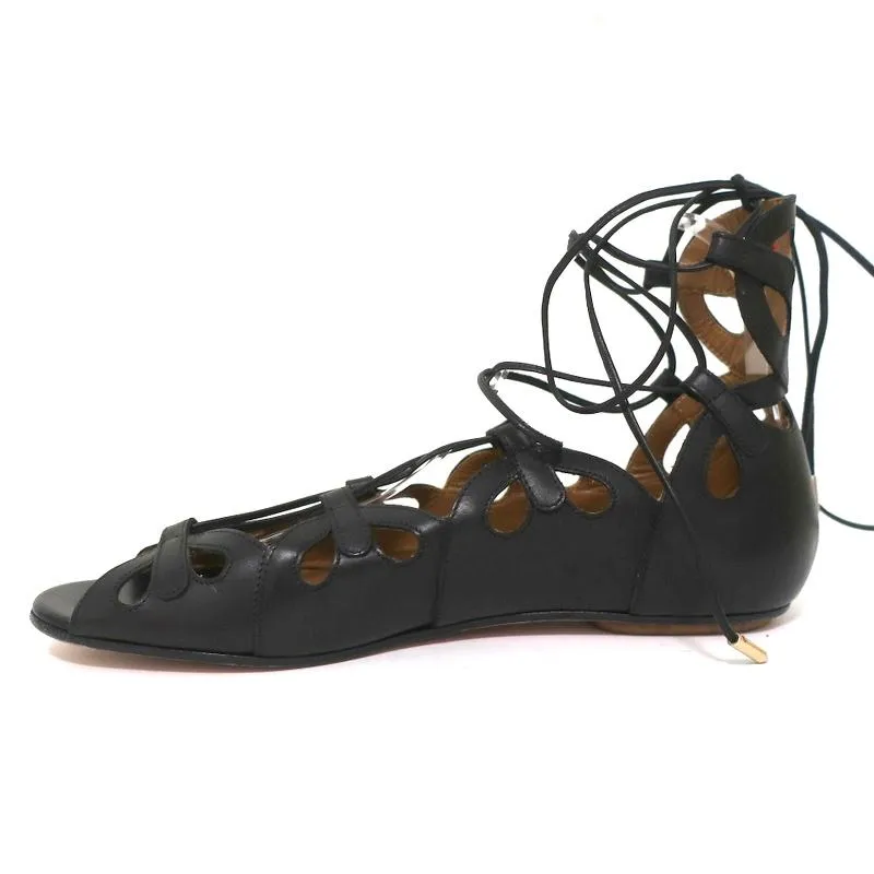 Aquazzura J’Adore Lace-Up Sandals Black Leather Size 39 Open Toe Flats