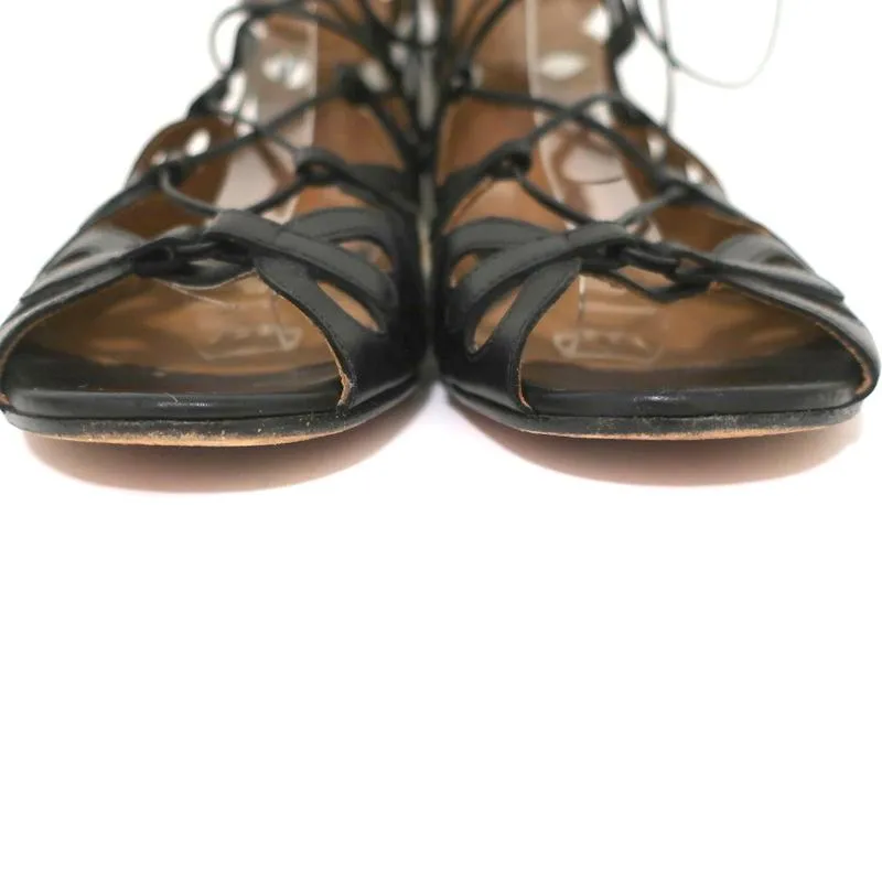 Aquazzura J’Adore Lace-Up Sandals Black Leather Size 39 Open Toe Flats