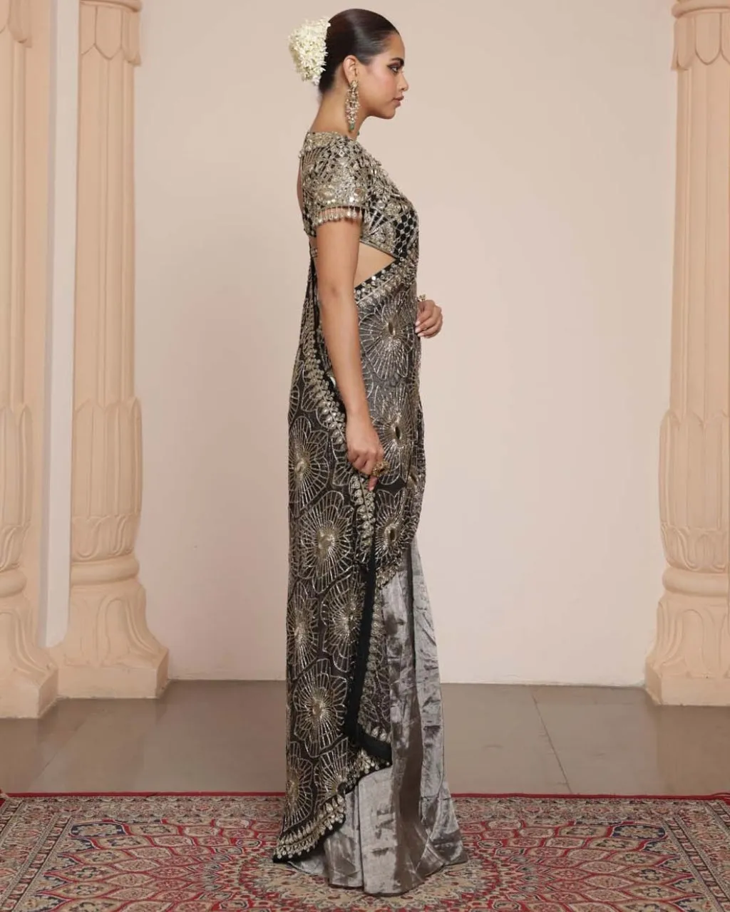 Black Silk Tissue Godet Sari Set