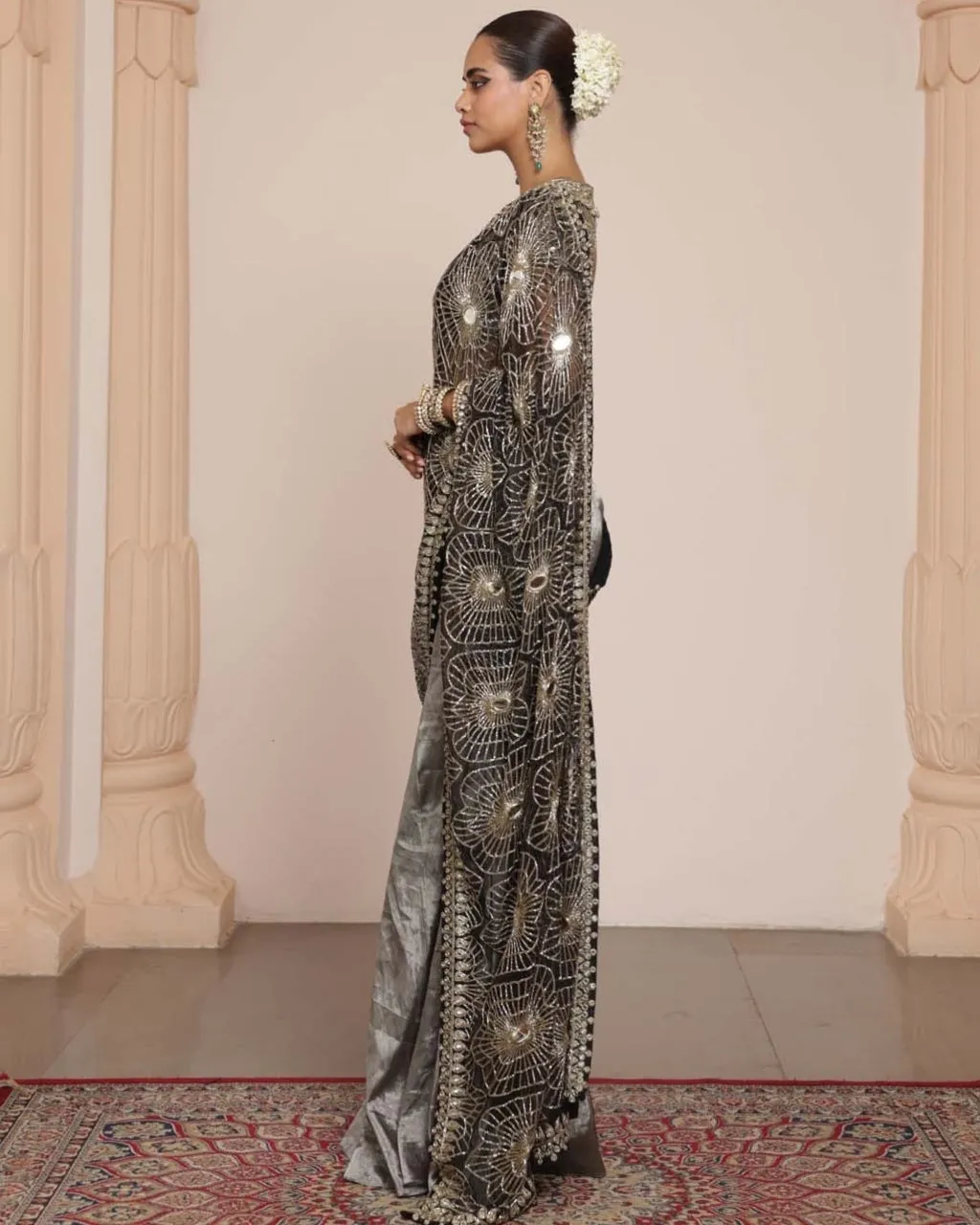 Black Silk Tissue Godet Sari Set