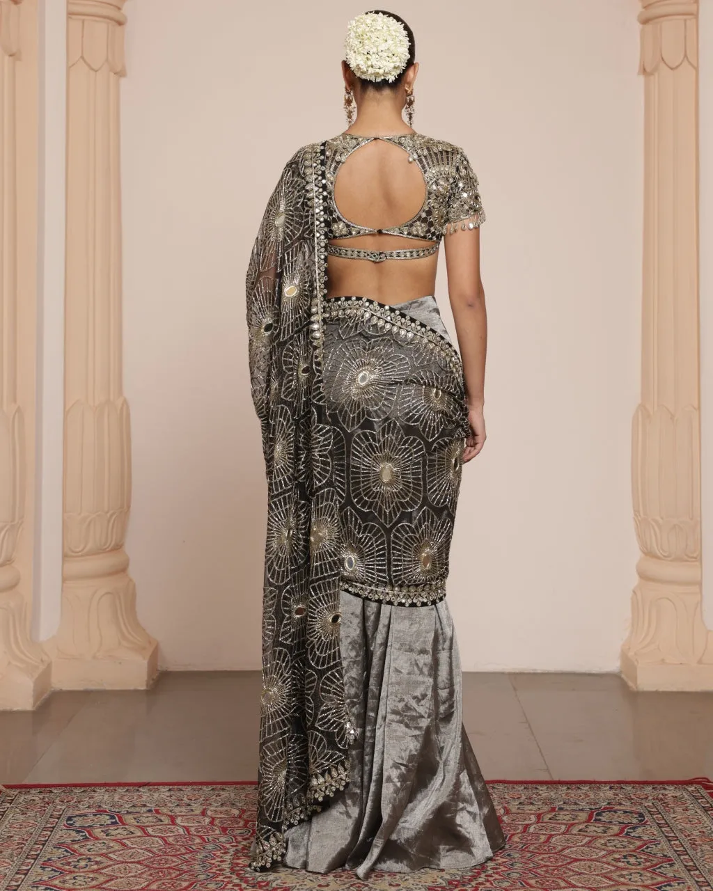 Black Silk Tissue Godet Sari Set