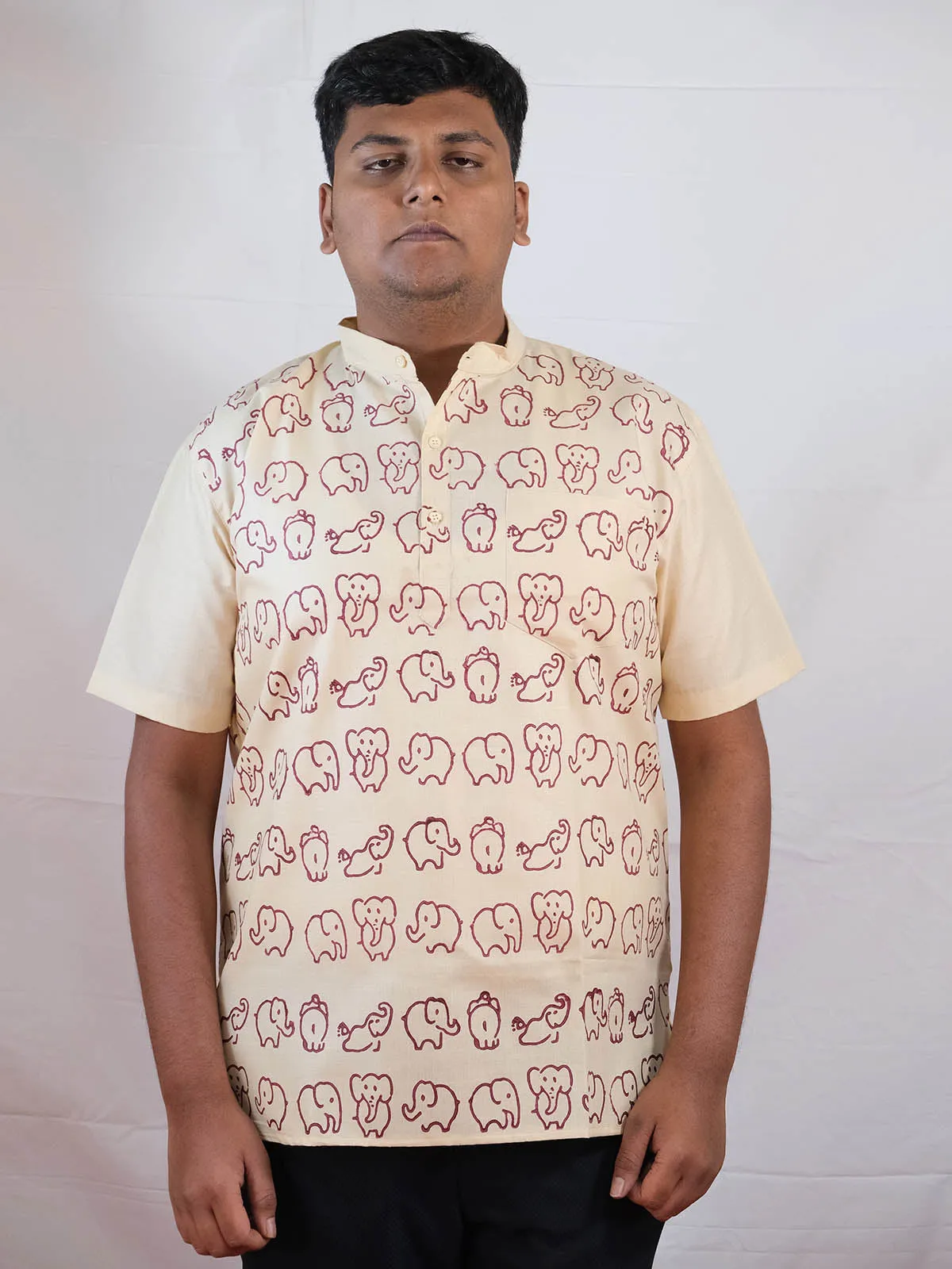 Block Printed Mini Elephants Brown Kurta