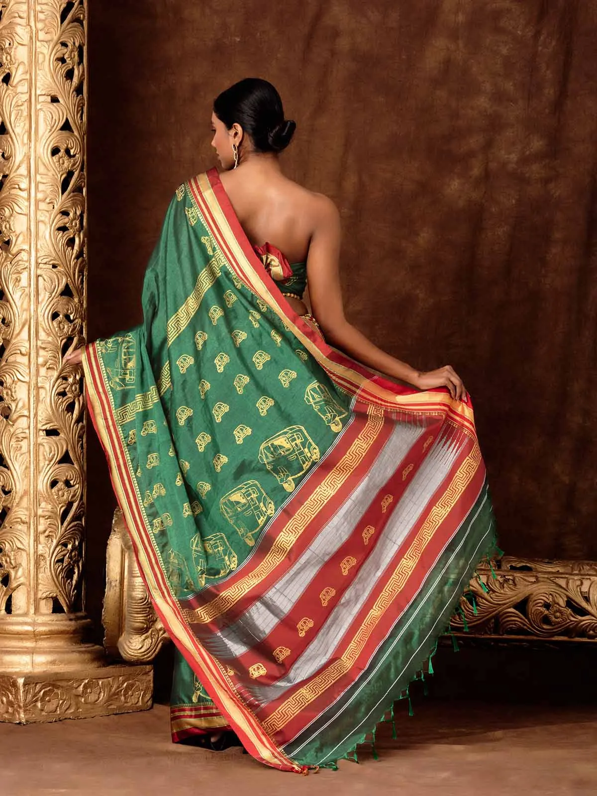 Block Printed Quirky Illkal Green Saree