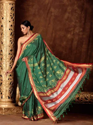 Block Printed Quirky Illkal Green Saree