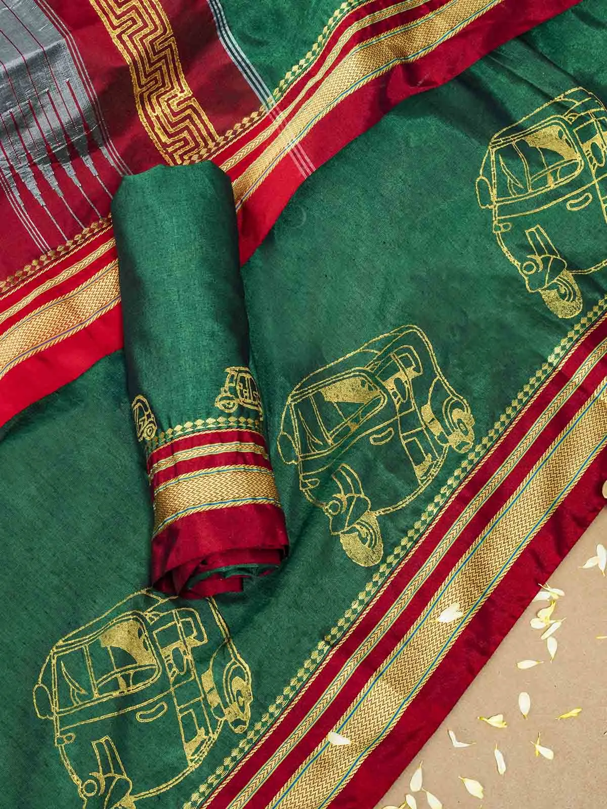 Block Printed Quirky Illkal Green Saree
