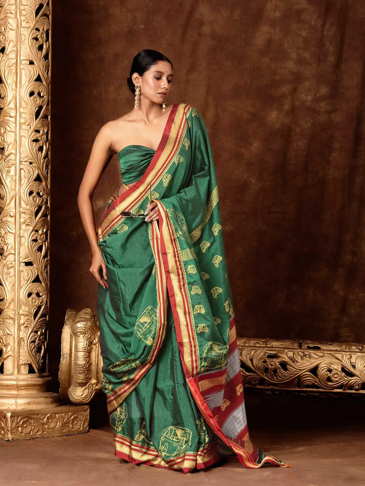 Block Printed Quirky Illkal Green Saree