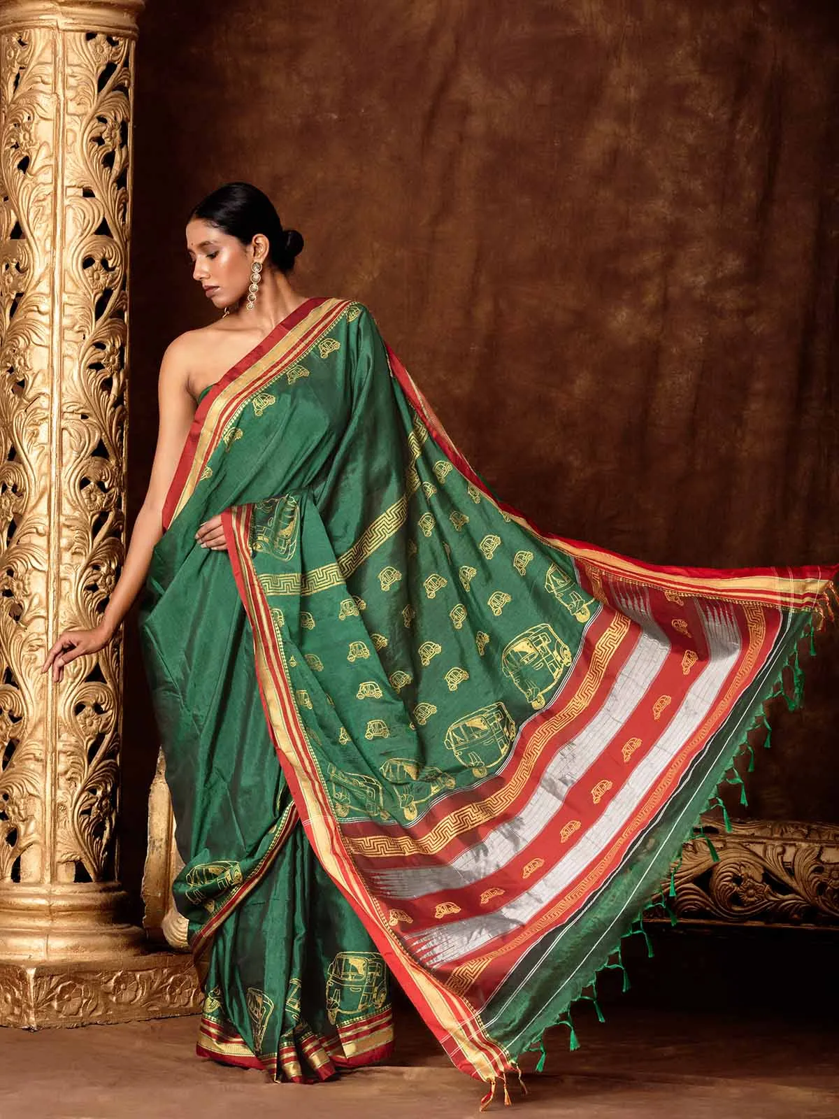 Block Printed Quirky Illkal Green Saree
