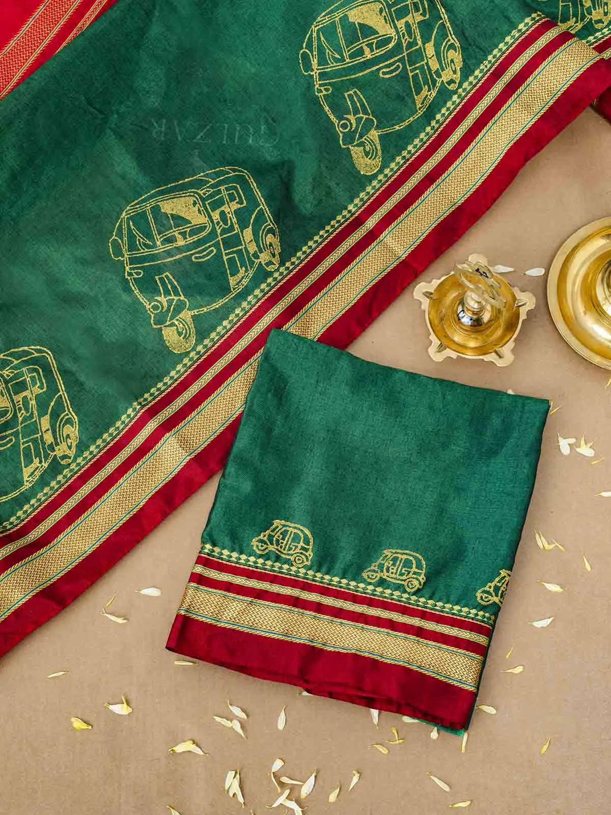 Block Printed Quirky Illkal Green Saree