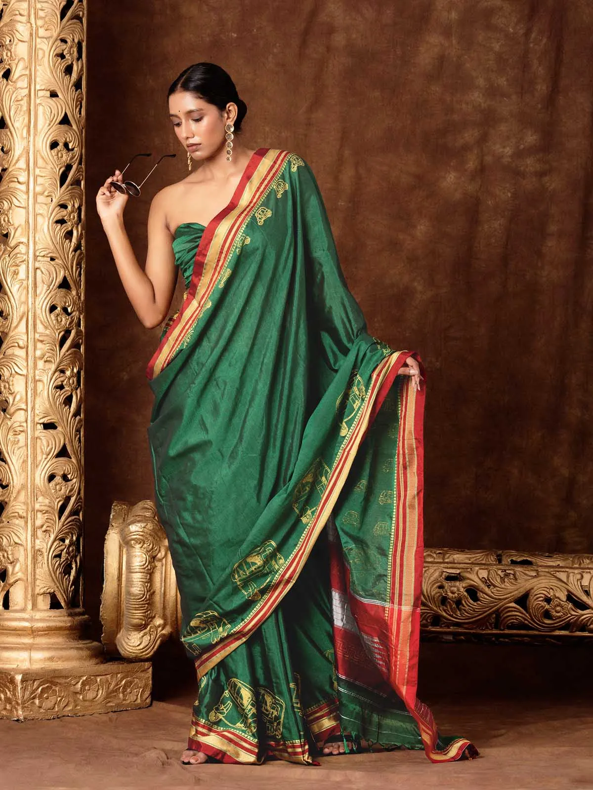 Block Printed Quirky Illkal Green Saree