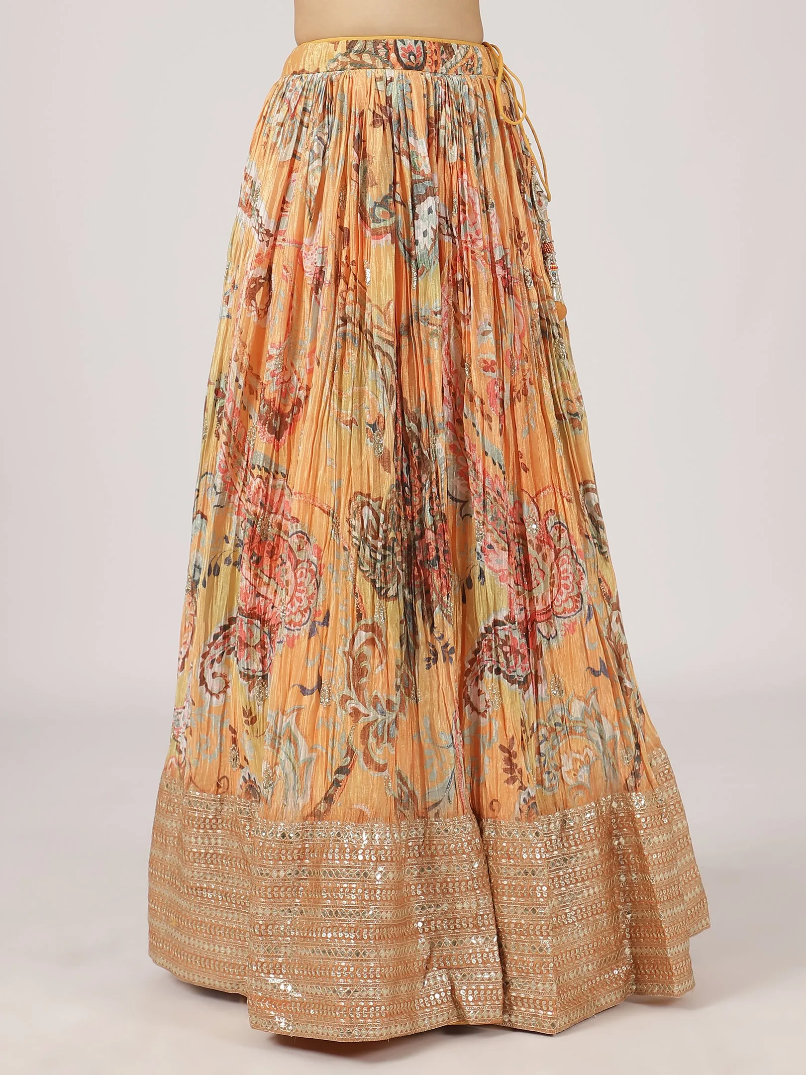 Bloom Orange Floral Print Lehenga with Embroidered Blouse & Dupatta