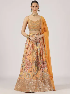 Bloom Orange Floral Print Lehenga with Embroidered Blouse & Dupatta