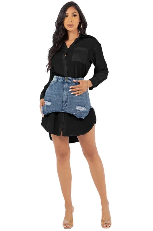 Bold & Chic Denim Shirt Dress – Sexy Button-Up Mini with Waist Detail