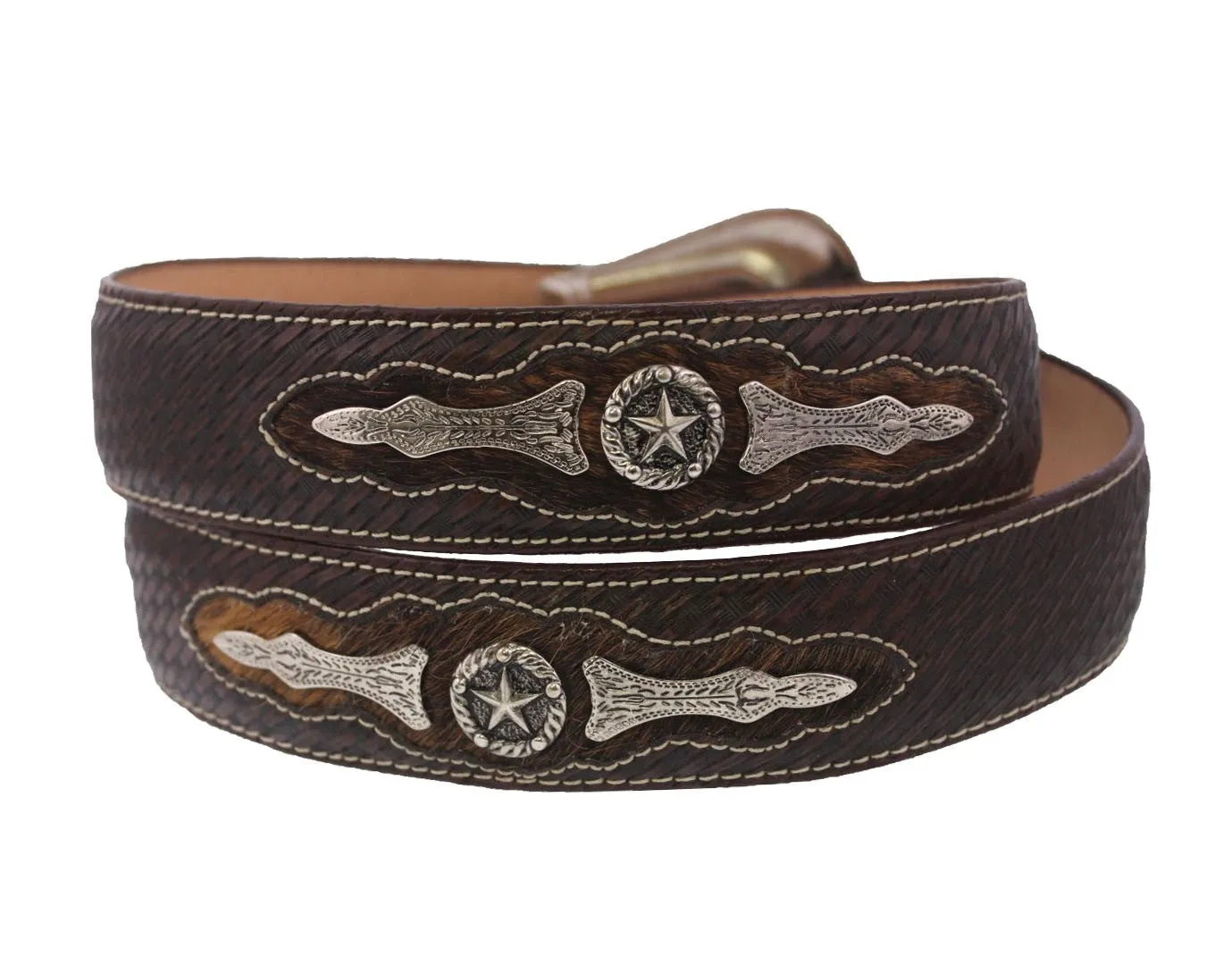 Brown Western Cowboy Leather Belt Ranger Concho - Silver Buckle