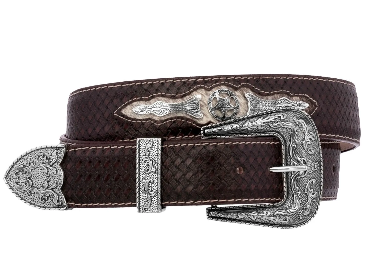 Brown Western Cowboy Leather Belt Ranger Concho - Silver Buckle