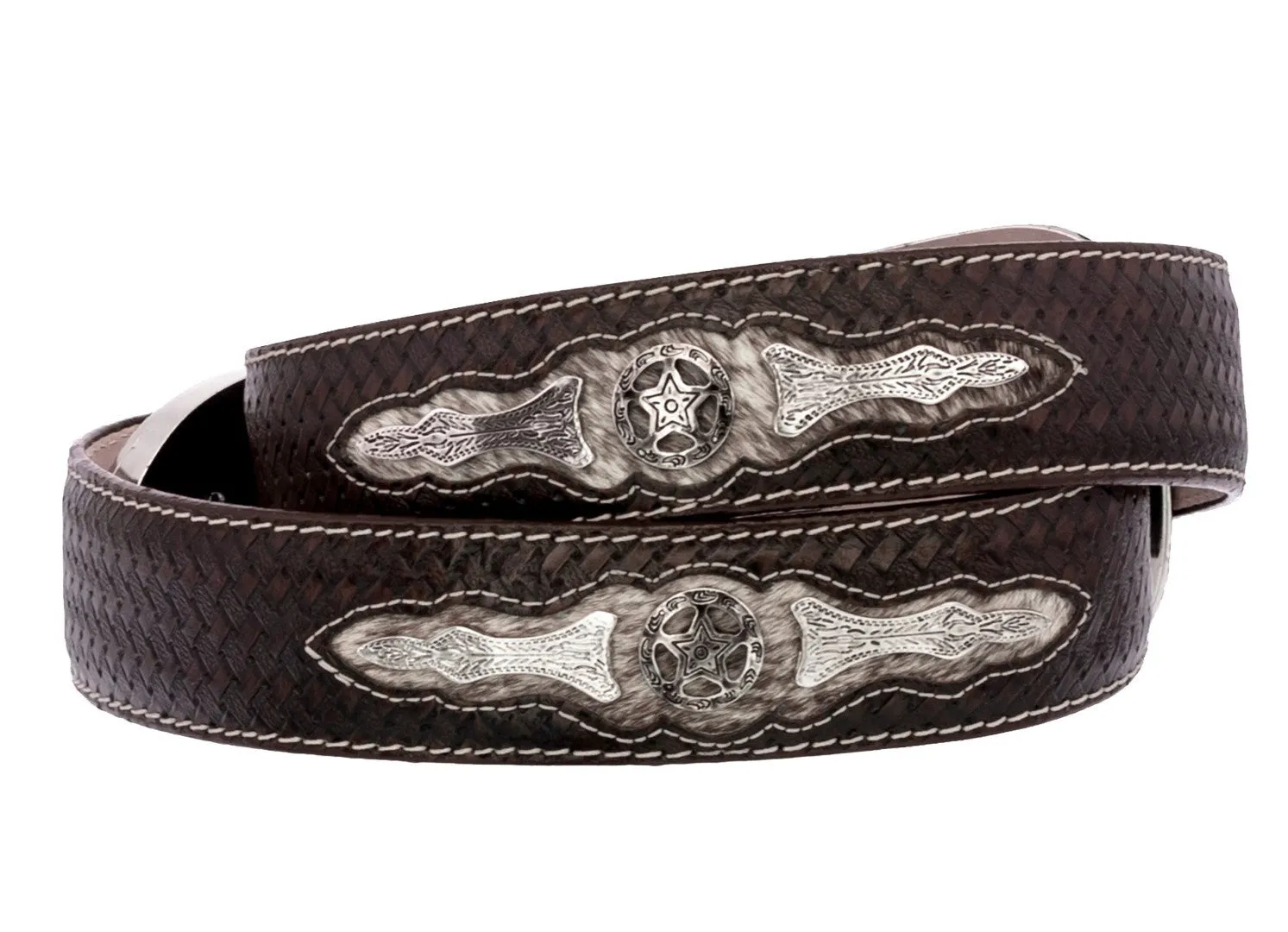 Brown Western Cowboy Leather Belt Ranger Concho - Silver Buckle