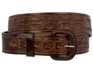 Chedron Western Cowboy Belt Tooled Leather - Silver Buckle
