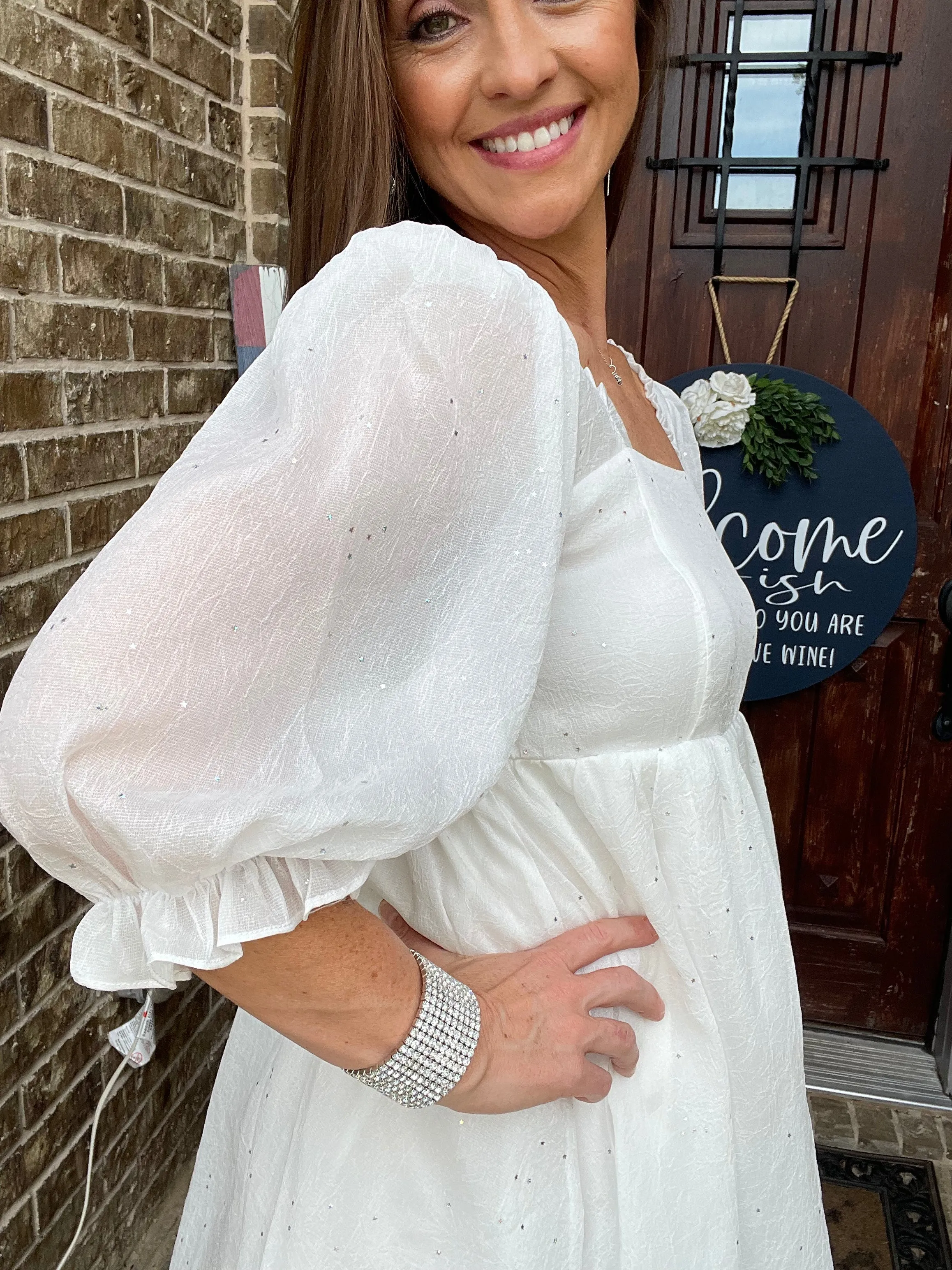 Chiffon Metallic Star Mini Dress with 3/4 Sleeves and Tie Back
