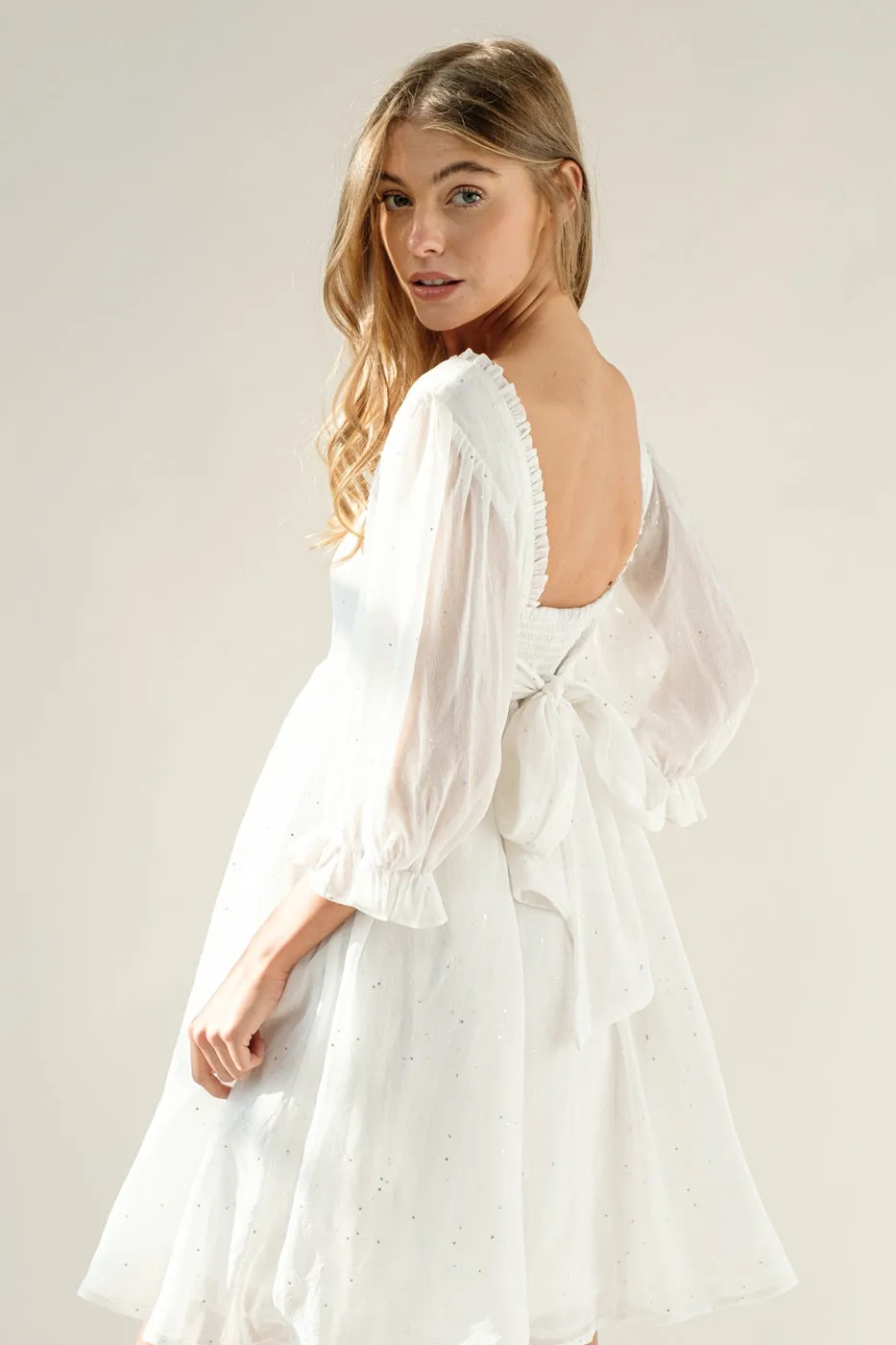 Chiffon Metallic Star Mini Dress with 3/4 Sleeves and Tie Back