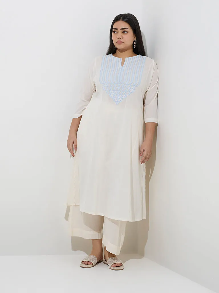 Diza Off-White Embroidered A-Line Cotton Kurta