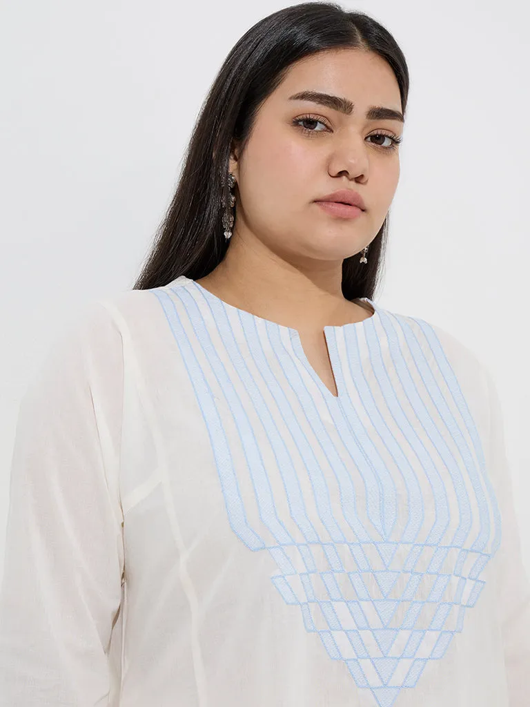 Diza Off-White Embroidered A-Line Cotton Kurta