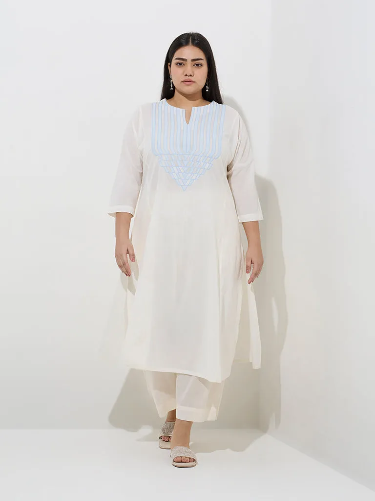 Diza Off-White Embroidered A-Line Cotton Kurta