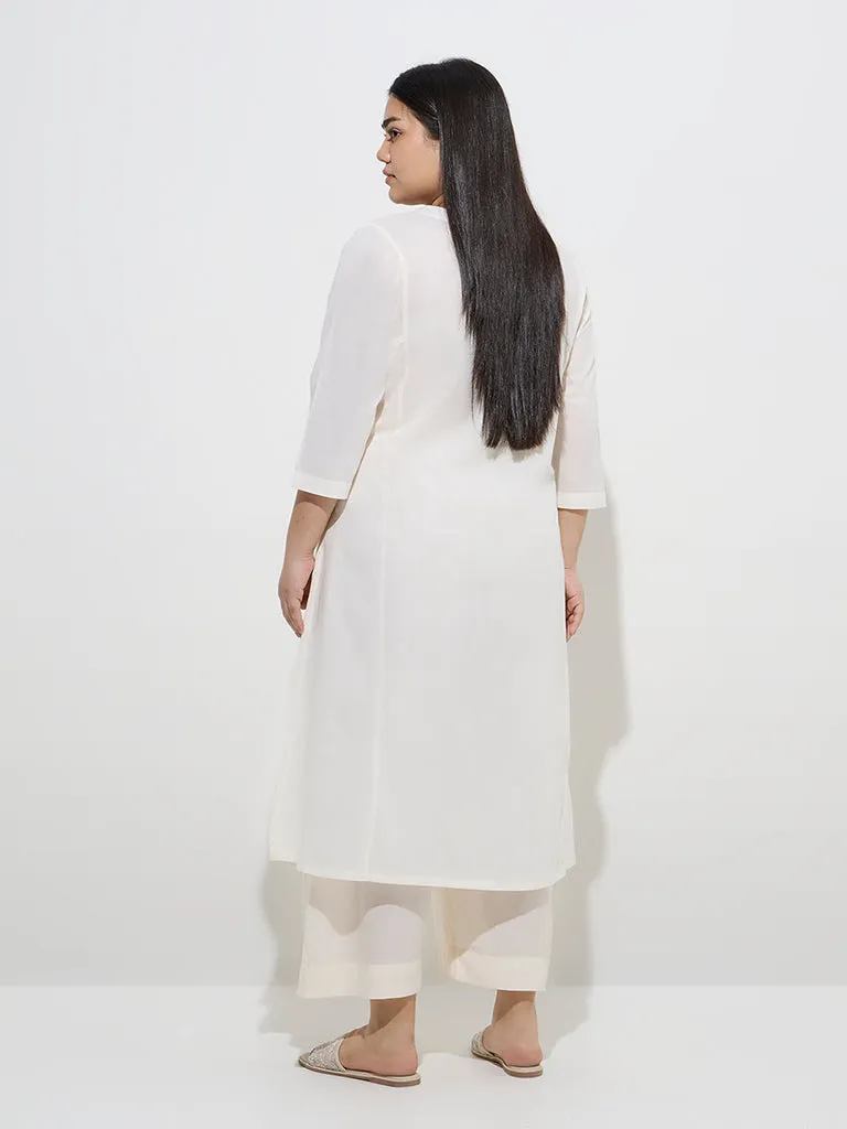 Diza Off-White Embroidered A-Line Cotton Kurta
