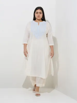Diza Off-White Embroidered A-Line Cotton Kurta