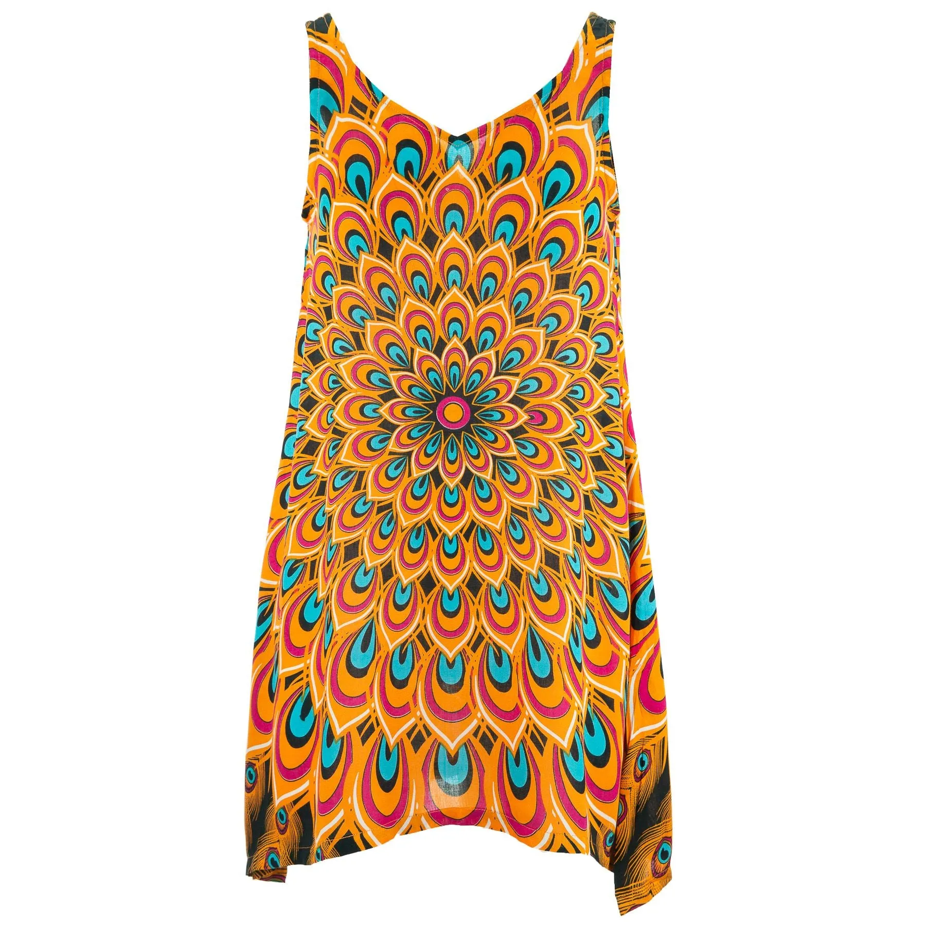 Floaty Asymmetrical Summer Dress  - Peacock Mandala Orange Blue