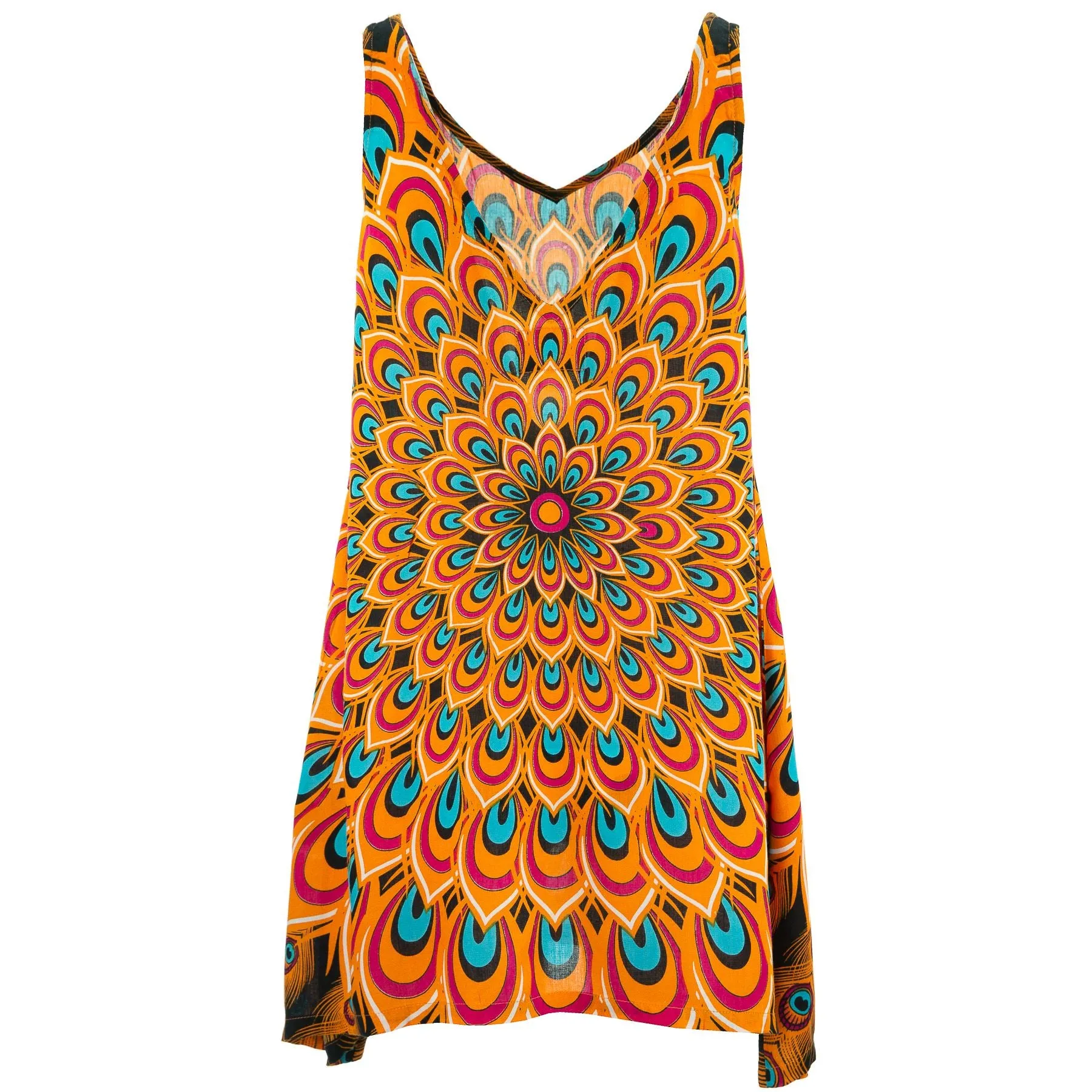 Floaty Asymmetrical Summer Dress  - Peacock Mandala Orange Blue
