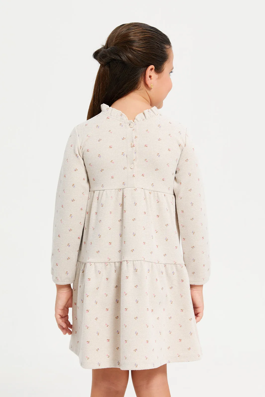 Girls Beige Floral Print Tired Dress With Balloon Sleeve