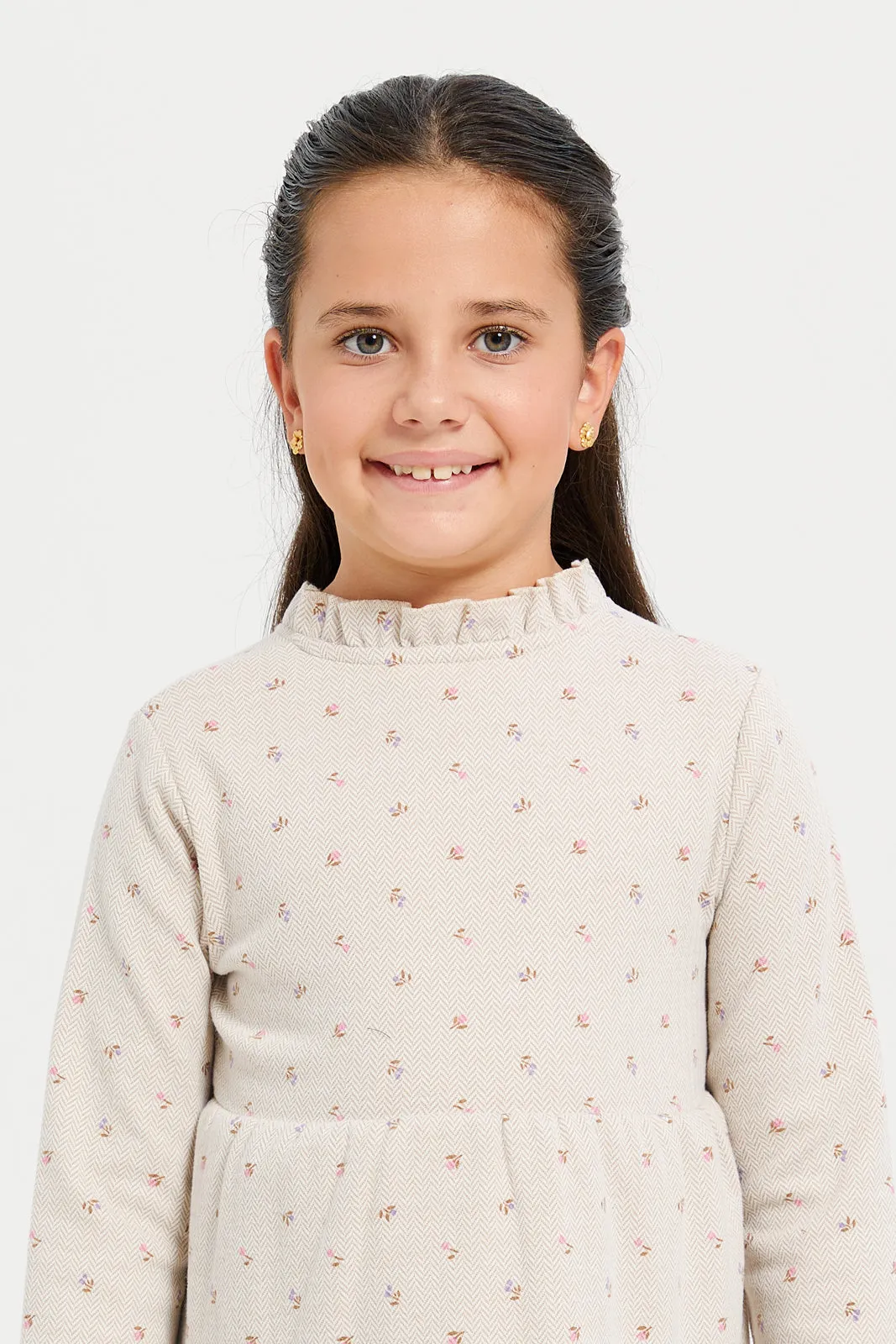 Girls Beige Floral Print Tired Dress With Balloon Sleeve