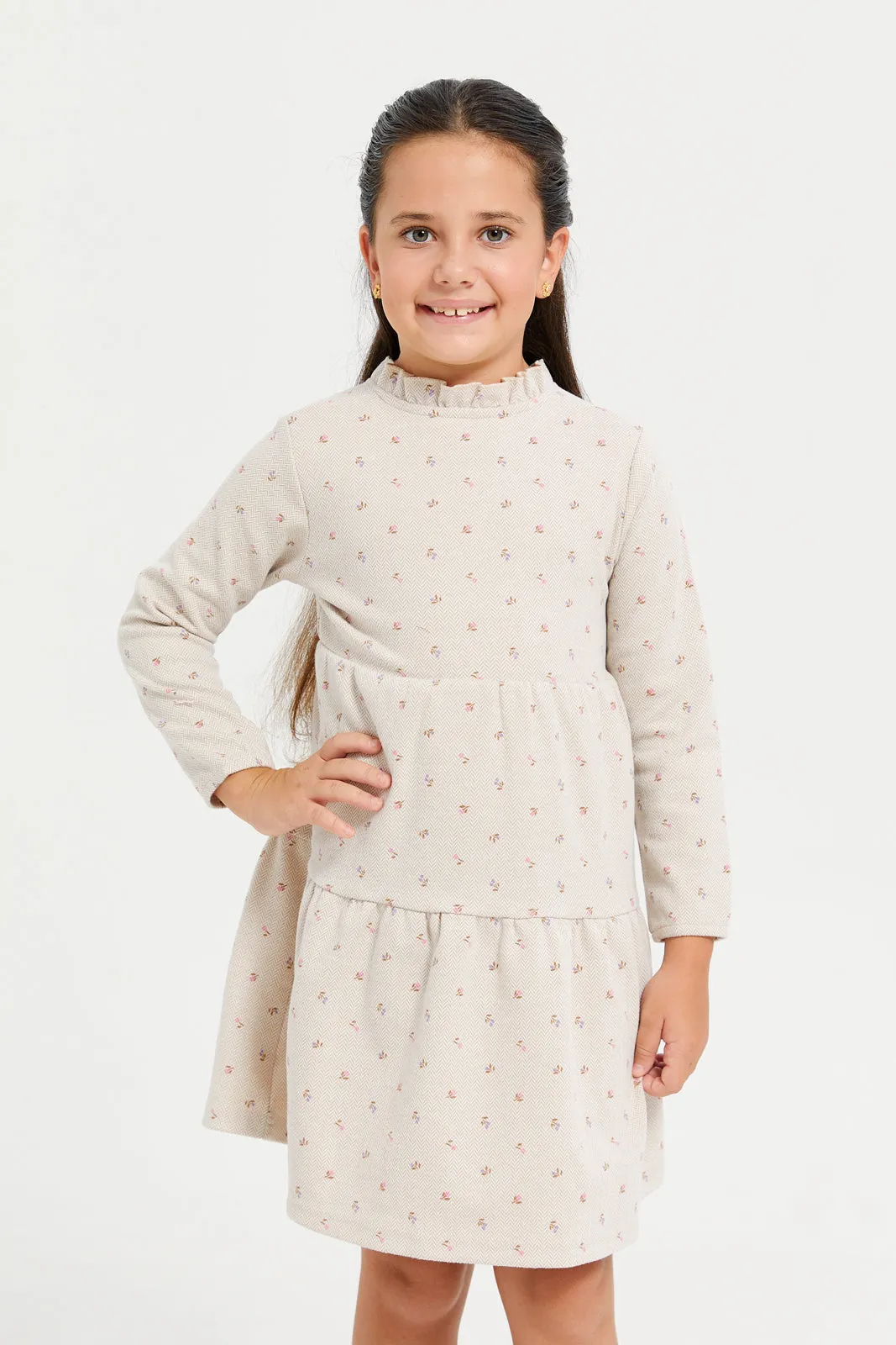 Girls Beige Floral Print Tired Dress With Balloon Sleeve
