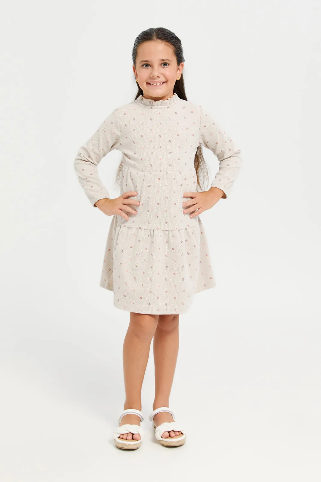 Girls Beige Floral Print Tired Dress With Balloon Sleeve