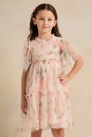 Girls Pink Rose Printed  Layered Mesh Dress