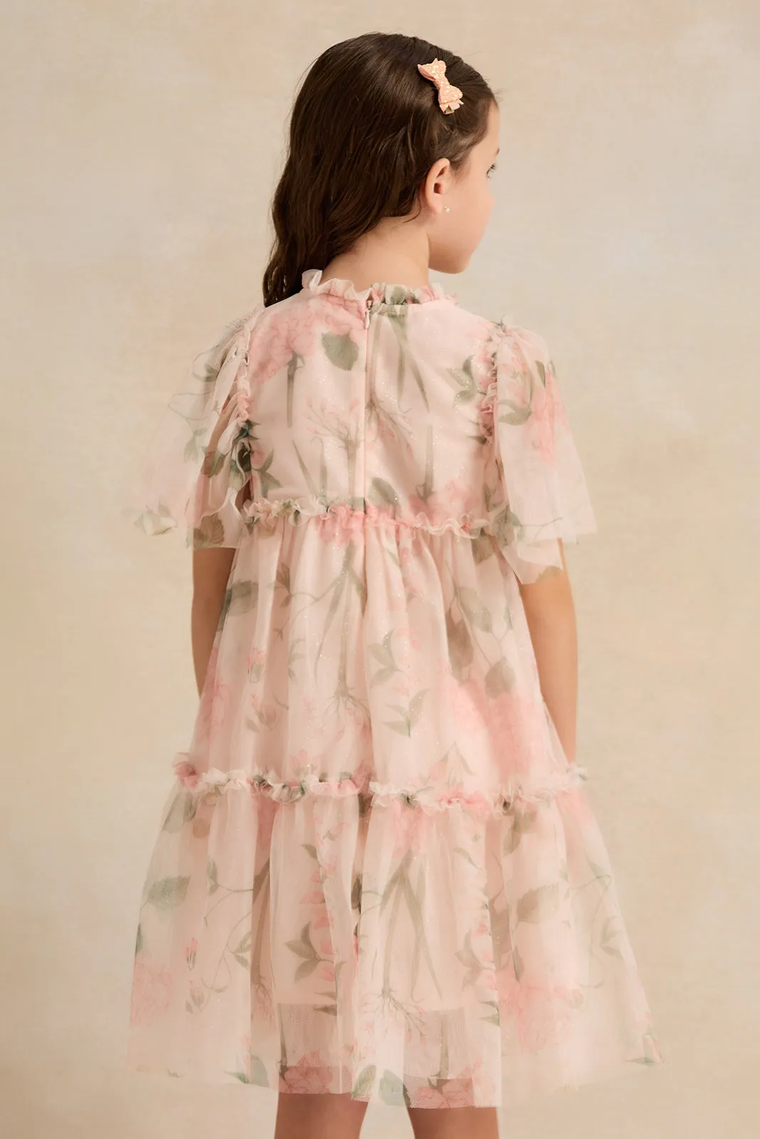 Girls Pink Rose Printed  Layered Mesh Dress