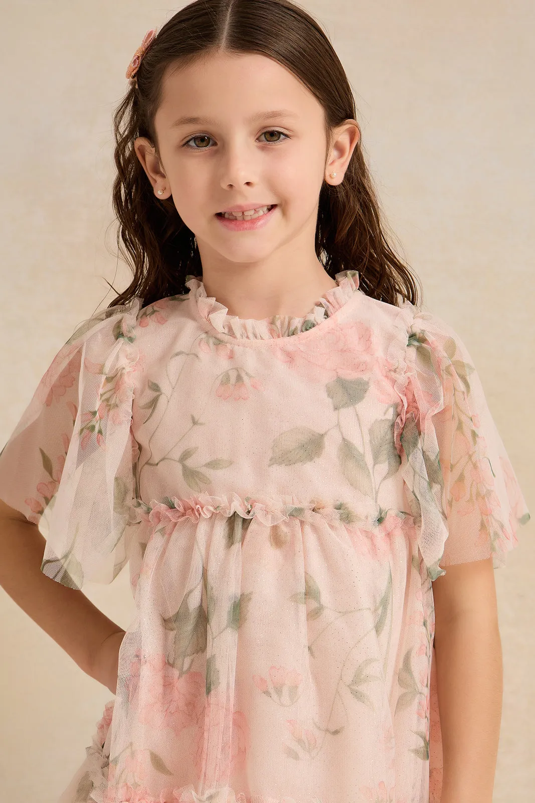 Girls Pink Rose Printed  Layered Mesh Dress
