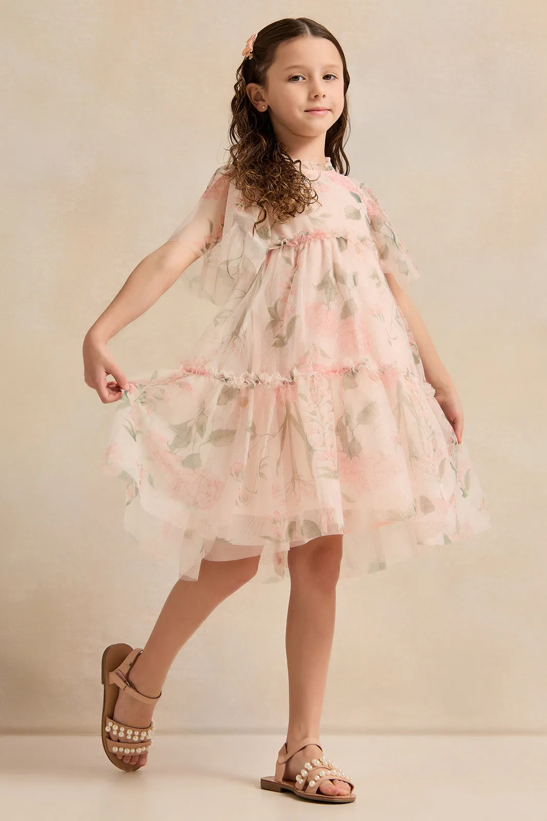Girls Pink Rose Printed  Layered Mesh Dress