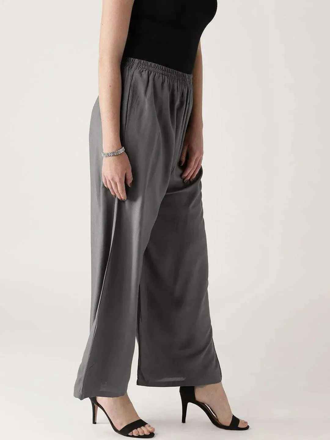 Grey Solid Rayon Palazzos