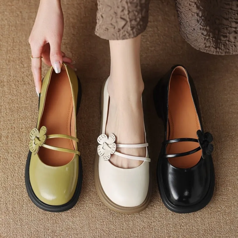 Handmade Leather Mary Jane Flats with Flowers Detail Instep Strap in Green/Black/Beige