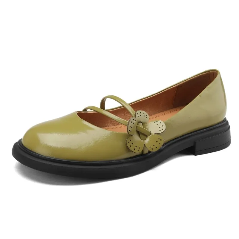 Handmade Leather Mary Jane Flats with Flowers Detail Instep Strap in Green/Black/Beige