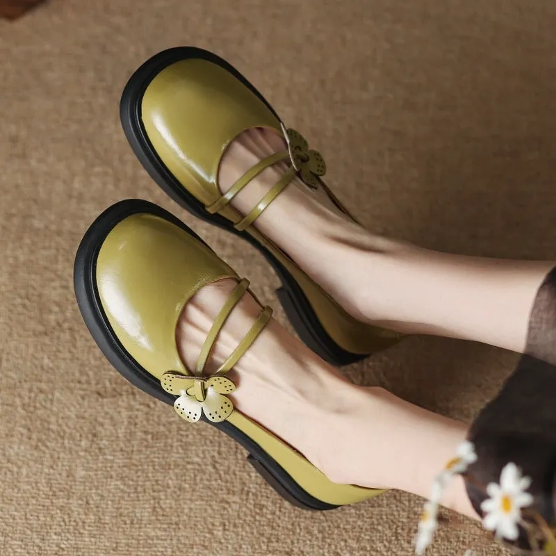 Handmade Leather Mary Jane Flats with Flowers Detail Instep Strap in Green/Black/Beige